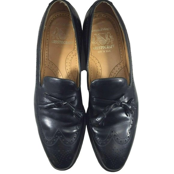 JOHNSTON & MURPHY Black Tassel Loafer Wing Tip Mens 11.5 A/AAA Dress Shoes USA - Picture 5 of 12